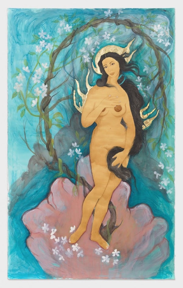 Hiba Schahbaz, Burning Venus, 2022 - Aquarelle, thé, gouache et feuille d'or sur papier - 203.2 x 127 cm.
